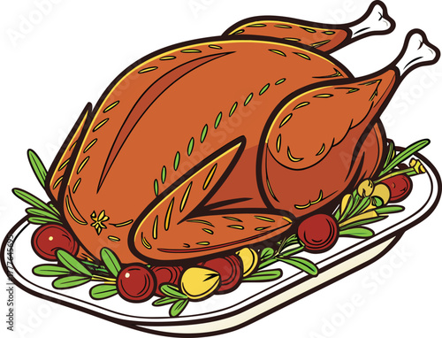 Illustration of a roasted turkey on a platter with garnish