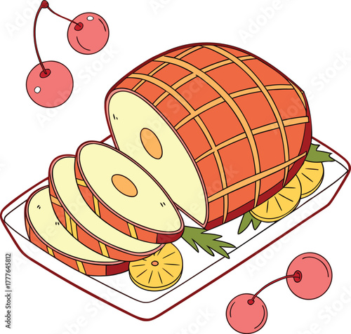 Illustration of a glazed ham with cherries and pineapple