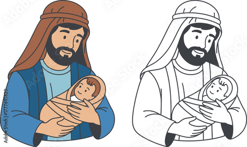 Saint Joseph Holding Baby Jesus  Christmas Nativity and Christian Religious Icon Vector Illustration for Coloring Book