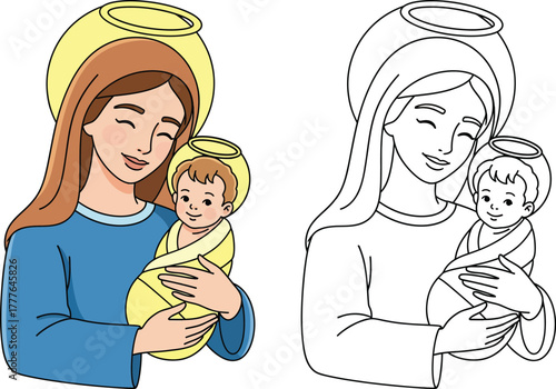 Blessed Mother Mary Holding Baby Jesus  Christmas Nativity Scene and Christian Religious Icon Vector Illustration for Coloring Book