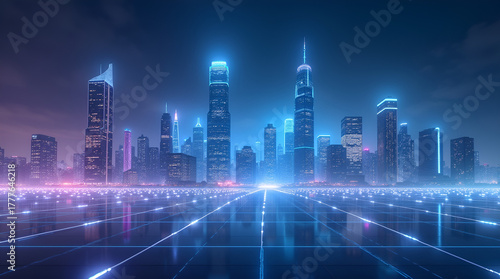 AI Data City — Glowing Neural Network Skyline at Night