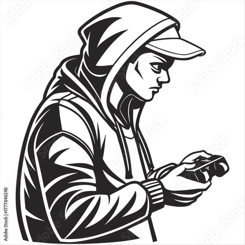 Monochrome vector illustration of a gamer wearing a hoodie and holding a controller, ideal for gaming, esports, or hobby themes.