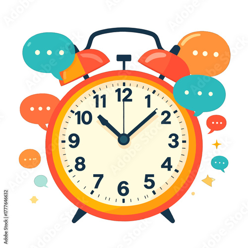 Retro Style Alarm Clock with Floating Speech Bubbles in Various Colors Signaling Communication and Time Management