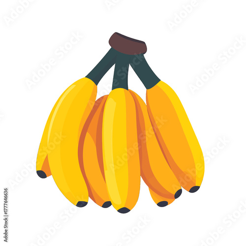 Bunch of Yellow Bananas With Dark Green Stems and Brown Tips on a White Background Isolated
