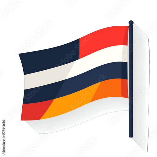 Waving Flag With Red White Blue Black Orange And Yellow Stripes Mounted On Dark Pole Against White Background