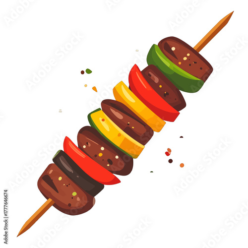 Pixel Art Kebab Skewer With Grilled Meat And Colorful Vegetables Isolated On White Background
