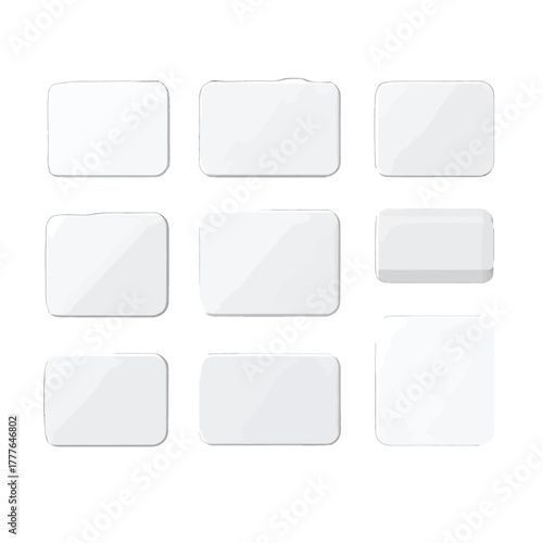 Nine blank rounded square and rectangular white shapes with soft shadows and subtle reflections on a white background suitable for graphic design elements