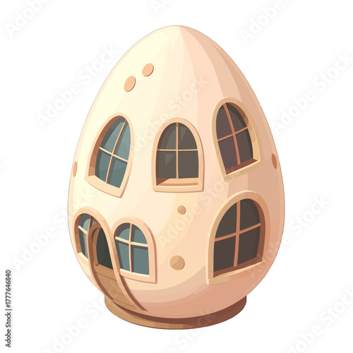 Quirky Egg Shaped House With Multiple Windows And A Door In A Soft Peach Color With A Whimsical Architectural Style