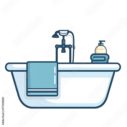Clean White Bathtub With Blue Towel Soap Dispenser And Chrome Faucet On White Background Simple Bathroom Object Illustration