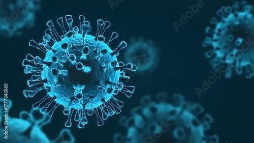 A vivid, digitally rendered animation showcases multiple intricate, glowing blue microscopic organisms, resembling viral or bacterial structures, floating and rotating against a deep blue background. 
