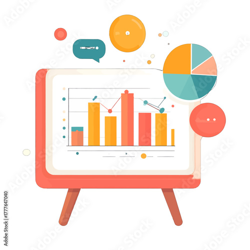 Presentation Board Displaying Colorful Bar Chart and Pie Chart With Floating Bubbles and Graphic Elements