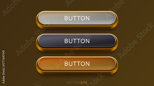Three elegant, glossy web buttons with golden frames in a modern design.