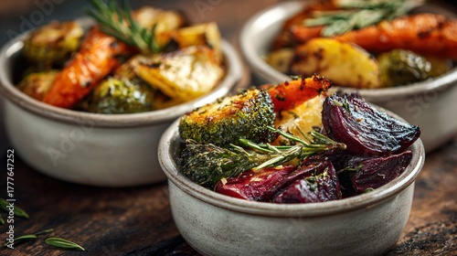 Fototapeta Naklejka Na Ścianę i Meble -  A roasted vegetables in small ceramic bowls, cozy tone