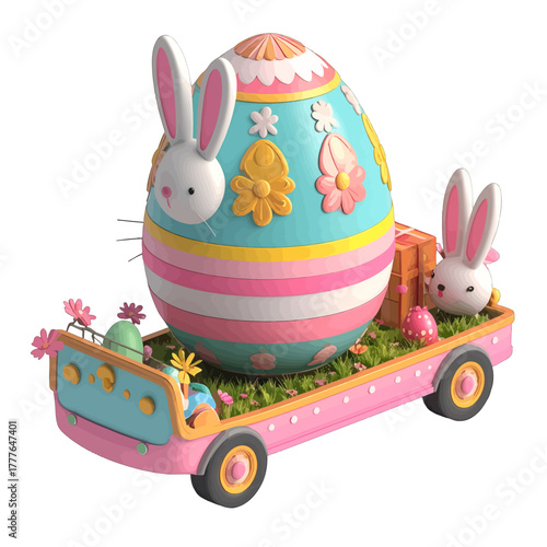 Whimsical Easter Egg Float with Cute Bunnies and Spring Flowers on Pink Vehicle with Green Grass and Decorative Eggs