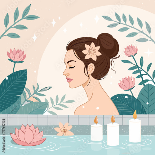 Beauty salon and spa doodle set. Skin care and natural treatment, natural cosmetics concept, time for yourself. Spa with aroma oil, nail file, sleep mask and other care items.	