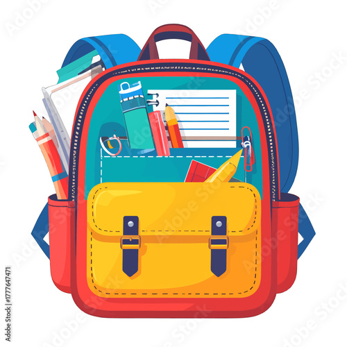 Open Red And Yellow Backpack Filled With School Supplies Including Pencils Pens Notebook And Ruler Against A White Background