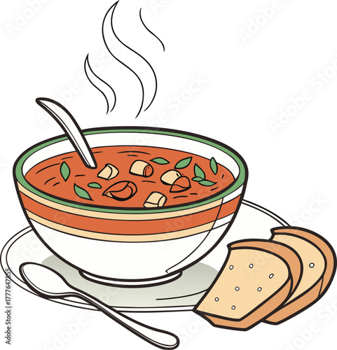Bowl of tomato soup with bread slices