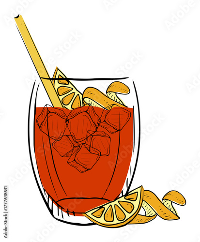 A colorful cocktail in a glass, garnished with lemon slices and ice cubes, exuding a refreshing vibe.