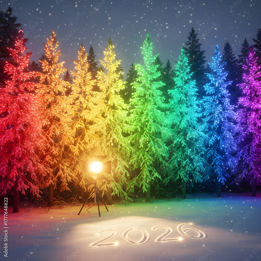 Obraz premium Enchanting winter forest adorned with a spectrum of rainbow lights, highlighting the snowy landscape and the illuminated celebration of a hopeful New Year 2026