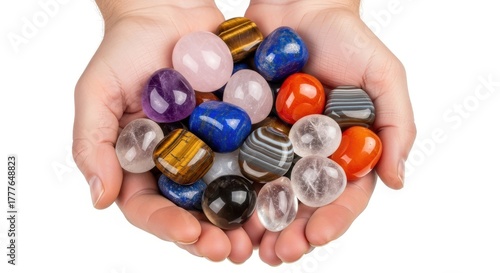 Hands Holding Assorted Colorful Polished Gemstones and Crystals on White Background