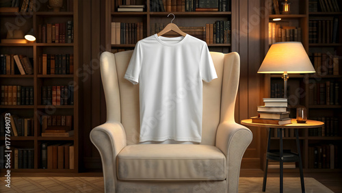 White t shirt mockup draped over armchair in library