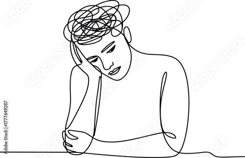 Single line drawing of a pensive person with head resting on hand