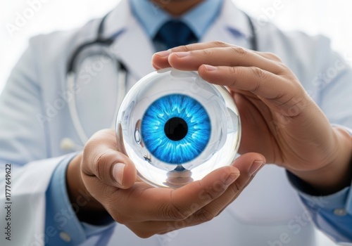 Ophthalmologist holds crystal eye symbolizing vision care and health