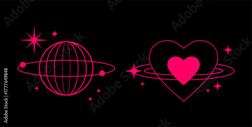 Minimalist pink planet and a heart-shaped planet with orbiting rings and stars on a black background. The design combines elements of space and romance, symbolizing cosmic love