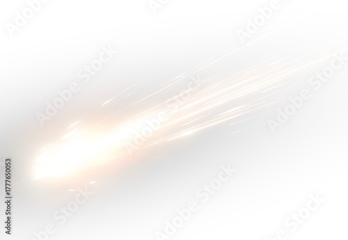 Bright cosmic asteroid trail with luminous flames and glowing sparks in space.
