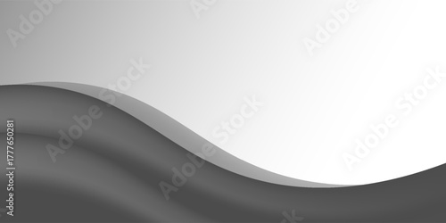 Minimalist black and gray wave vector design with smooth flowing curves at the bottom, transitioning into a clean white background. Ideal for banners, footers, or modern layouts.