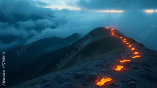 Glowing footprints ascending misty mountains, representing the challenging path of personal health journeys.