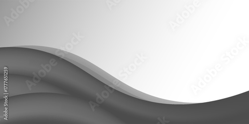 Minimalist black and gray wave vector design with smooth flowing curves at the bottom, transitioning into a clean white background. Ideal for banners, footers, or modern layouts.