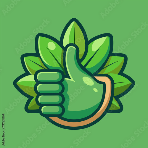 Thumbs up and green leaves. Eco organic concept. Flat vector illustration