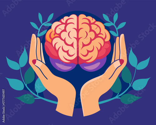 Hands holding a brain image. Psychological health and mental wellness concept. Cartoon vector illustration