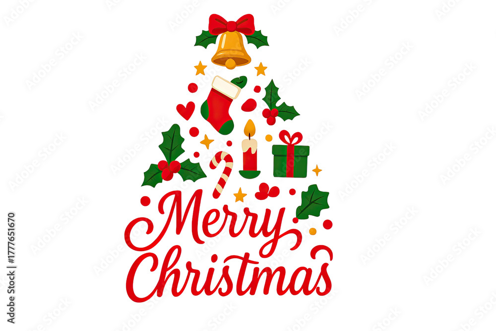 Naklejka premium Merry Christmas tree design with festive decorations bell candle stocking gift candy cane holly leaves stars isolated on white background