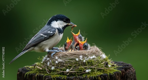 Parent Bird Feeding Chicks in Nest