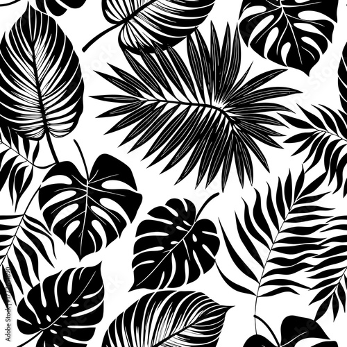 Elegant seamless floral pattern featuring stylized tropical leaves and blossoms in a crisp silhouette design on a white background perfect for decorative applications