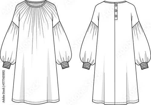 Long sleeve gathered dress technical fashion flat, CAD drawing vector illustration of loose fit women's outfit with cuffed sleeves design