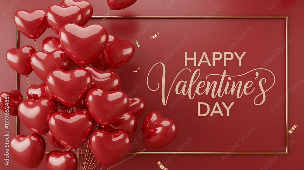 Fototapeta premium Happy valentines day greeting card with red heart balloons and golden frame border