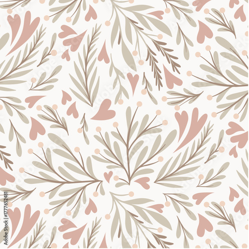 Botanical Valentine Pattern with Soft Beige and Blush Leaves – Romantic Minimal Seamless Floral Design for Wedding Decor, Wrapping Paper and Textile Prints