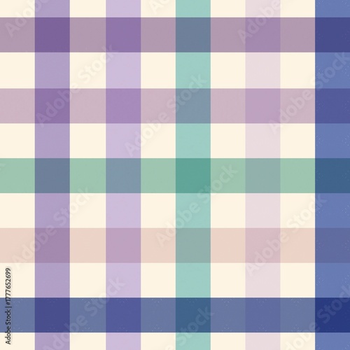 Seamless pastel plaid pattern background in purple, mint green, and cream colors.