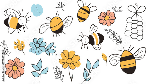 Seamless pattern with cute cartoon vector insects and flowers featuring bees, butterflies, and a ladybug for spring floral design
