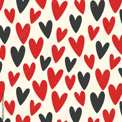 Playful Valentine Hearts Pattern in Red, Black and Cream – Modern Romantic Seamless Design for Wrapping Paper, Fabric, Cards and Digital Backgrounds