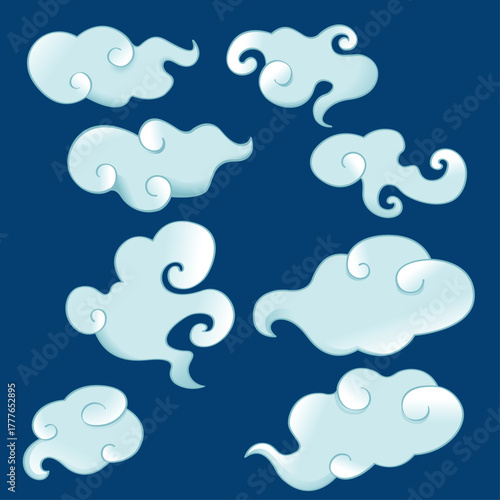 Vector of different shapes of Chinese style clouds in light blue color mode.