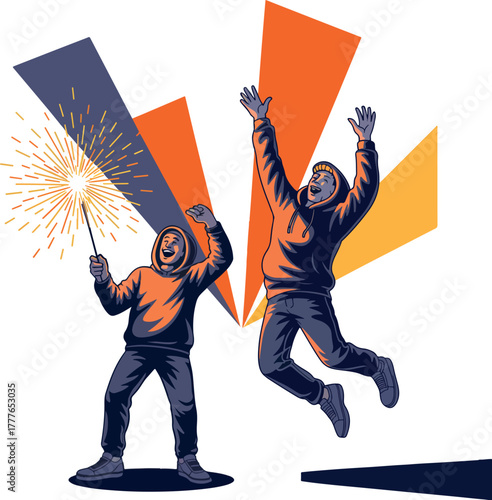 minimalist guy fawkes night illustration with geometric shapes and dynamic poses