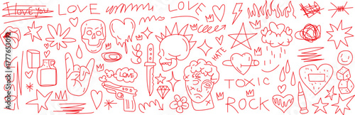 Abstract red line drawings on white background with various symbols  dense composition of red line drawings featuring abstract shapes, figures, and text scattered across a white surface.