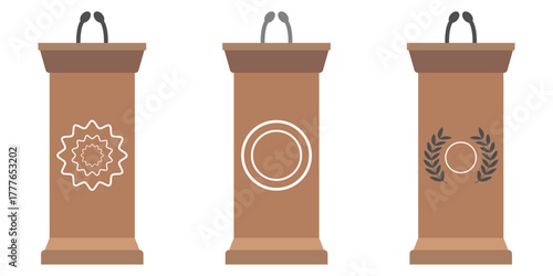 Three Colorful Wooden Podiums with Microphones, Silhouette and Side View, Professional Stage Setup