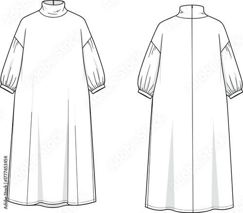 Fashion dress technical flat sketch, balloon sleeve garment illustration, round neck pleated detail, back button placket, A‑line silhouette, CAD drawing flat vector illustration