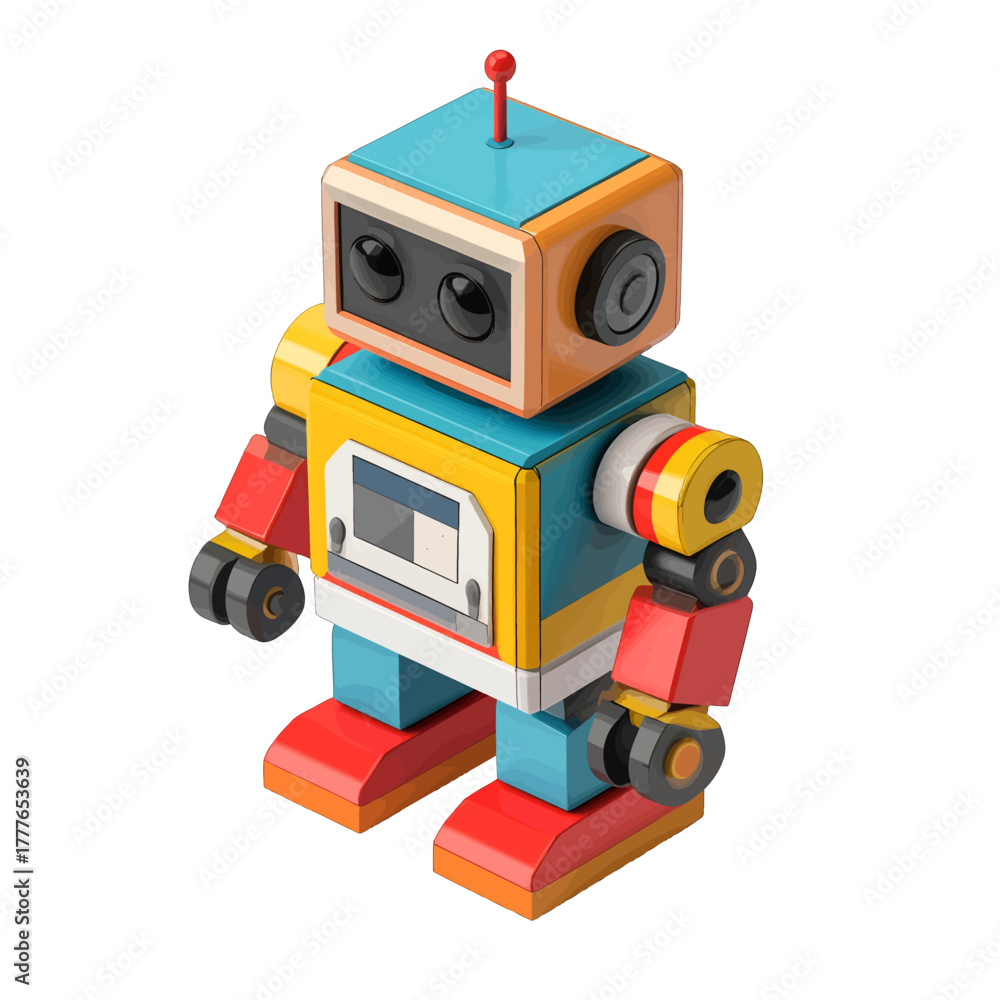 Fototapeta premium Quirky Retro Robot Toy with Blue Orange Yellow and Red Blocks and Big Eyes Standing on White Background
