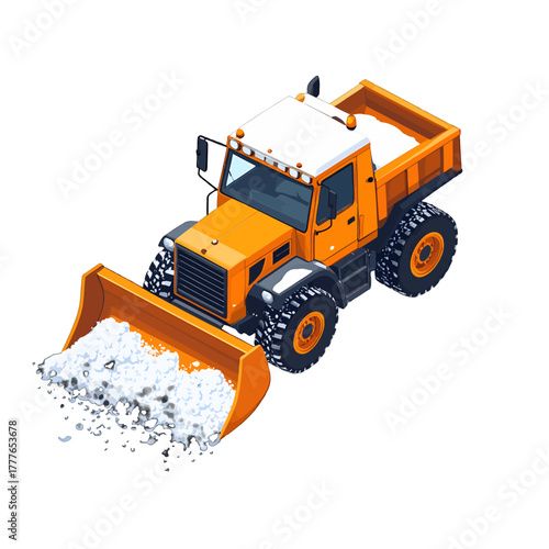Orange Snow Plow Truck Clearing White Snow in a Winter Scene with Detailed Pixel Art Style